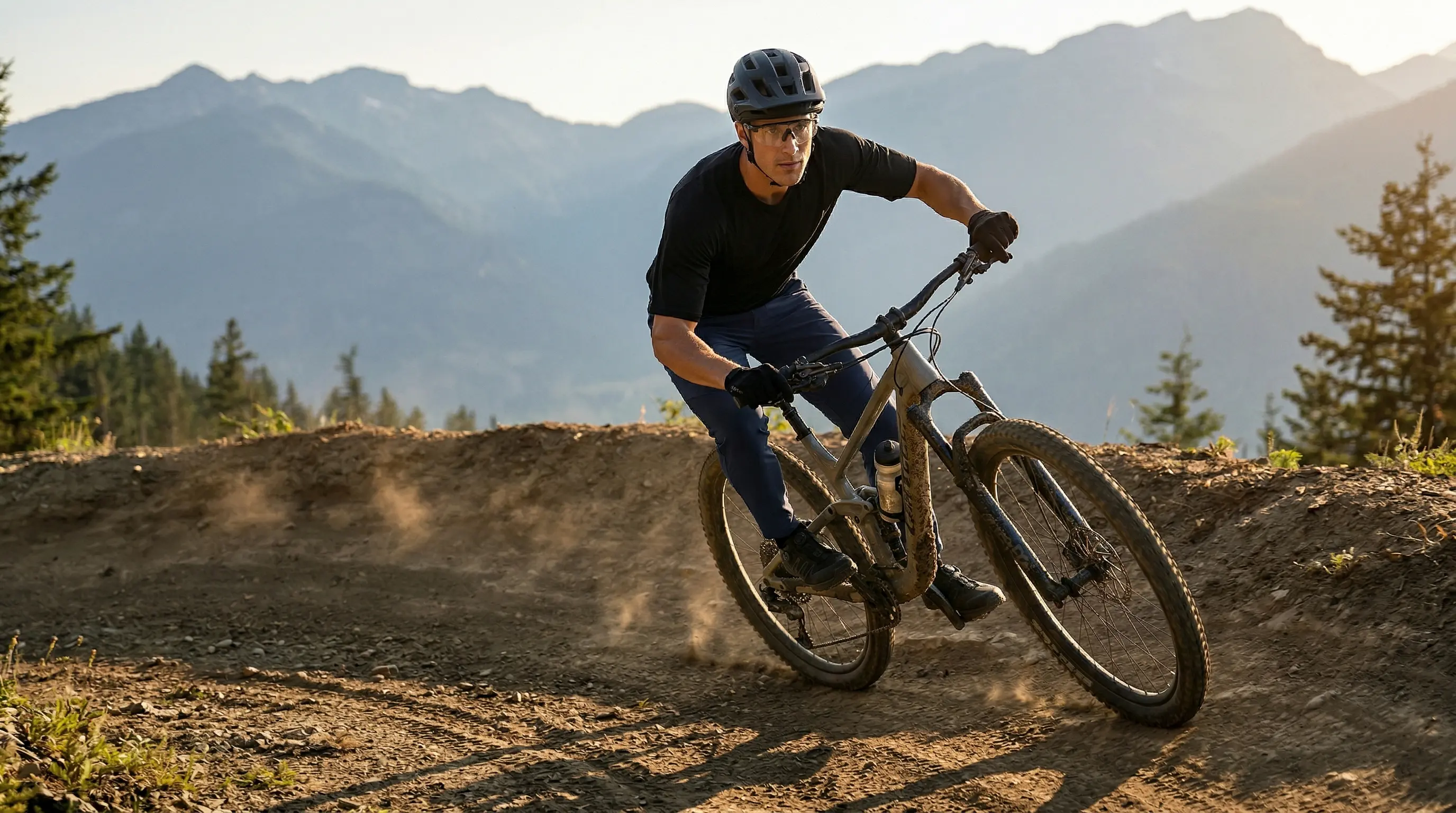 Rowerzysta w odzieży ARSUXEO podczas jazdy MTB o zachodzie słońca