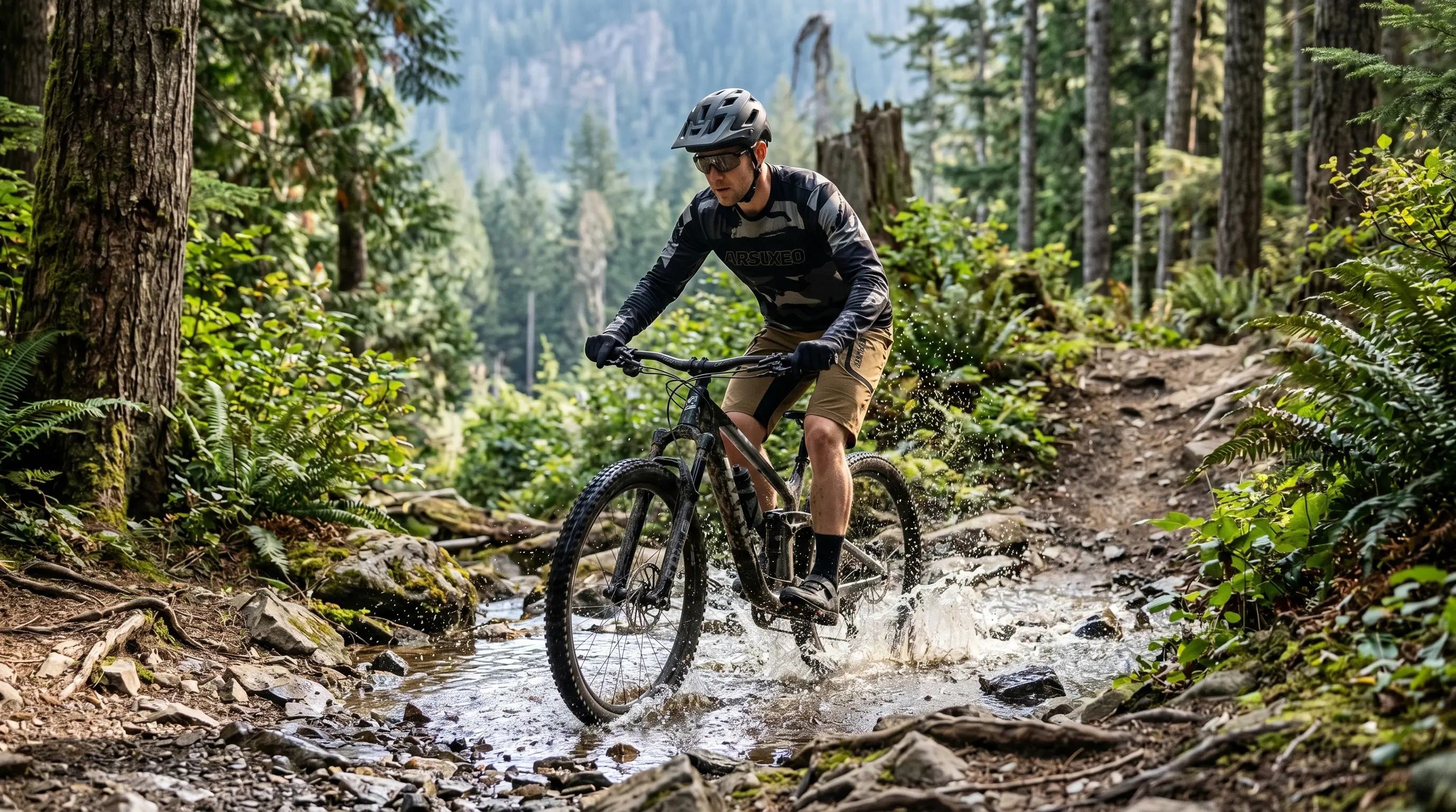 Rowerzysta ARSUXEO pokonujący leśny strumień na trasie MTB